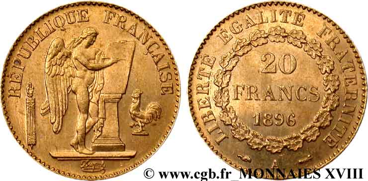 20 francs génie, Troisième république 1896 Paris F.533/20 SUP 