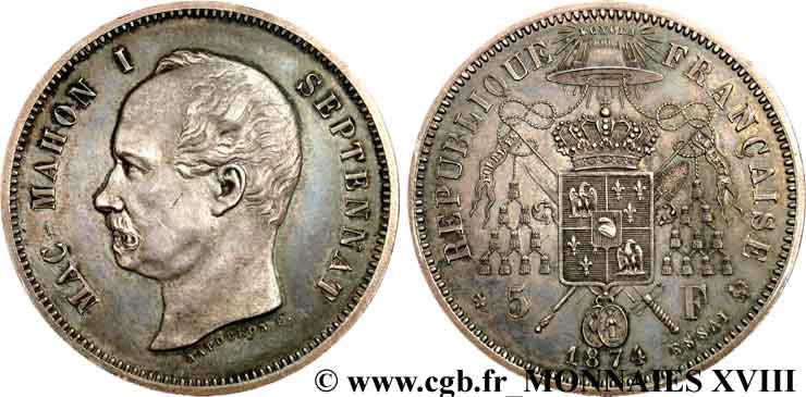 Module de 5 francs Mac-Mahon, pièce satirique en argent - Essai 1874 Bruxelles VG.3857  fST 