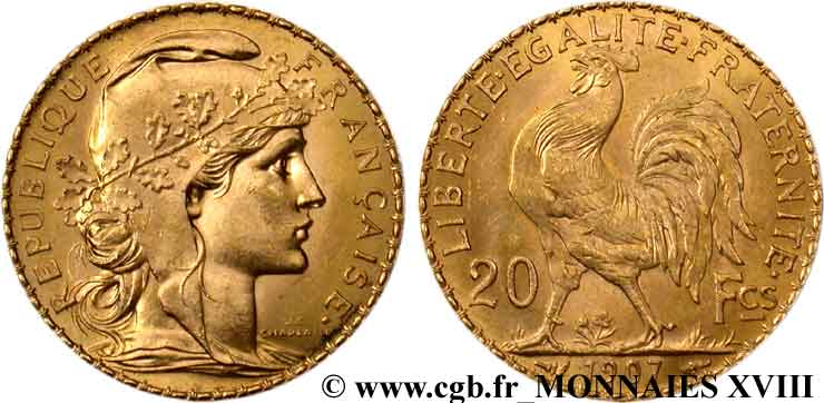 20 francs Coq, liberté égalité fraternité 1907 Paris F.535/1 SPL 