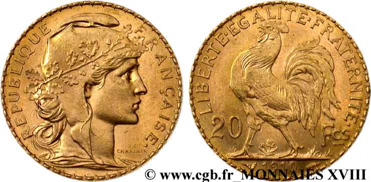 20 francs Coq, liberté égalité fraternité 1910 Paris F.535/4 EBC 