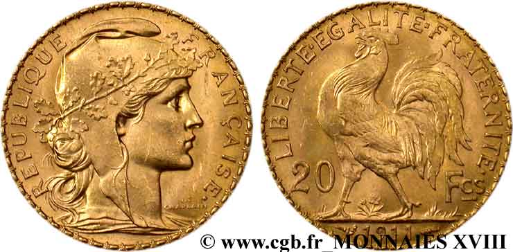 20 francs Coq, liberté égalité fraternité 1911 Paris F.535/5 EBC 