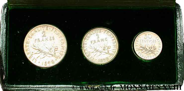 Trois pièces vieil argent dans leur écrin : 50 centimes, 1 franc et 2 francs Semeuse 1897 et 1898 Paris F.190/2 SPL 