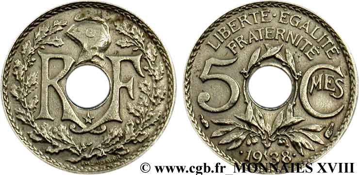 5 centimes Lindauer, Maillechort, avec étoile 1938 Paris F.123/1 XF 