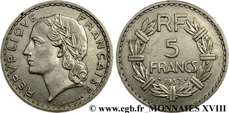 5 francs Lavrillier en nickel 1937 Paris F.336/6 MBC 