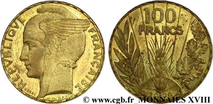 Concours de 100 Francs, essai de Bazor en bronze-aluminium 1929 Paris VG.5216 var. AU 