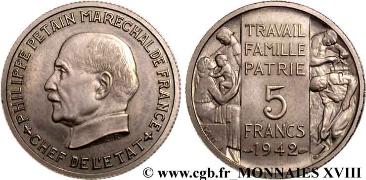 Essai grand module de 5 francs Pétain de Bazor et Galle, sans le mot essai 1942 Paris VG.cf. 5609  VZ 