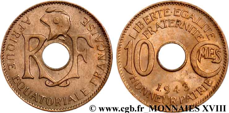 AFRIQUE ÉQUATORIALE FRANÇAISE 10 centimes AEF 1943 Prétoria EBC 