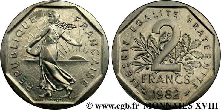Piéfort argent de 2 francs Semeuse, nickel 1982 Pessac F.272/6P MS 