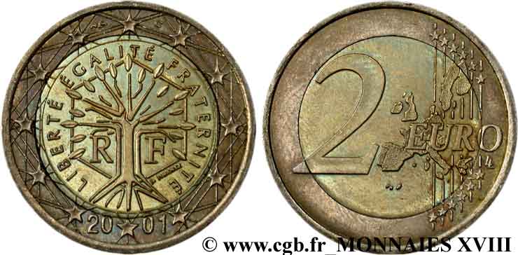 BANQUE CENTRALE EUROPEENNE 2 euro France, “métaux inversés” 2001 SUP