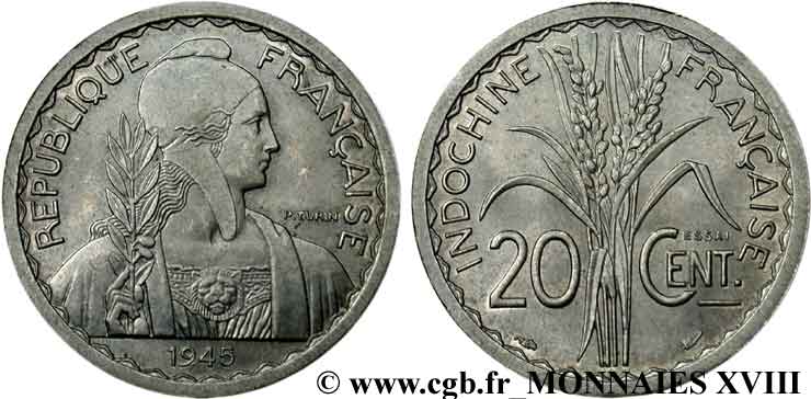 UNION FRANÇAISE - INDOCHINE FRANÇAISE Essai de 20 centimes 1945 Paris SPL 
