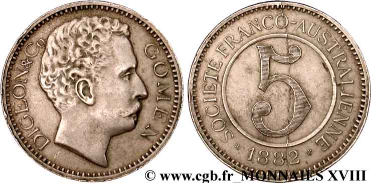 NEW CALEDONIA 5 francs en cupro-nickel de la ville de Gomen 1882  XF 