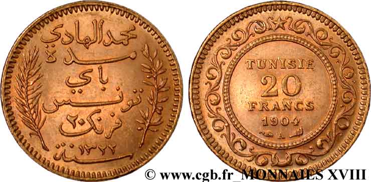 TUNISIA - FRENCH PROTECTORATE - MOHAMED EN-NACEUR BEY 20 Francs or 1904 Paris AU 