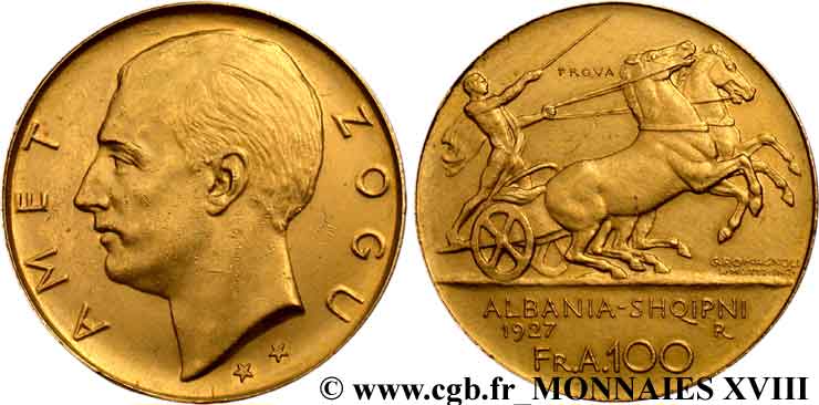 ALBANIA - REPUBLIC, THEN KINGDOM OF ALBANIA - ZOG Essai de 100 francs or 1927 Rome XF 