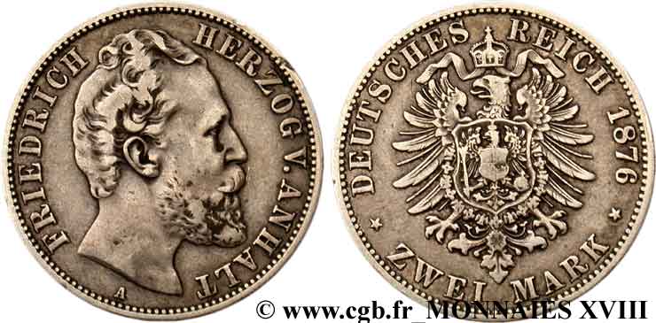 GERMANY - DUCHY OF ANHALT-DESSAU - FREDERICK I 2 marks 1876 Berlin VF 