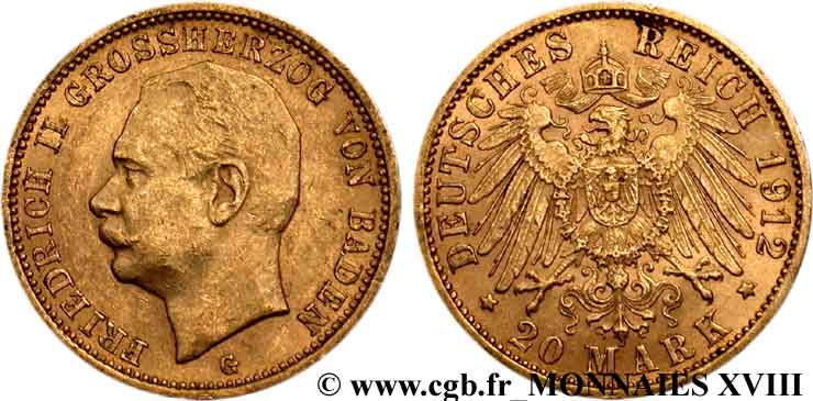 GERMANY - GRAND DUCHY OF BADEN - FREDERICK II 20 marks or 1912 Karlsruhe XF 