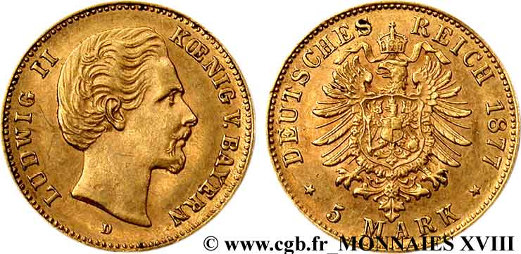 GERMANY - KINGDOM OF BAVARIA - LUDWIG II 5 marks or 1877 Münich XF 