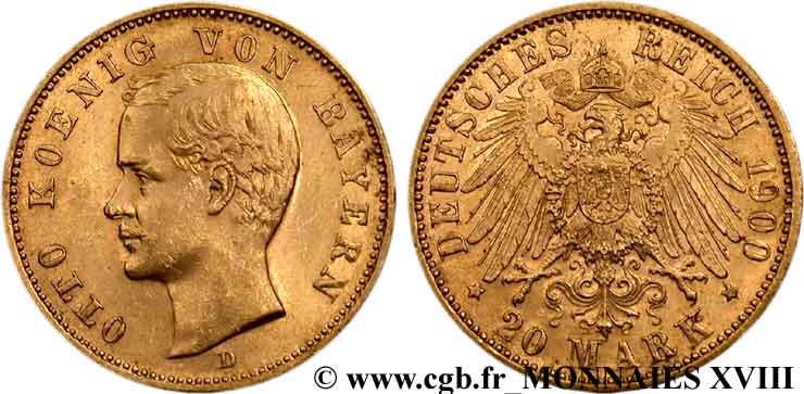 GERMANY - KINGDOM OF BAVARIA - OTTO 20 marks or 1900 Munich XF 