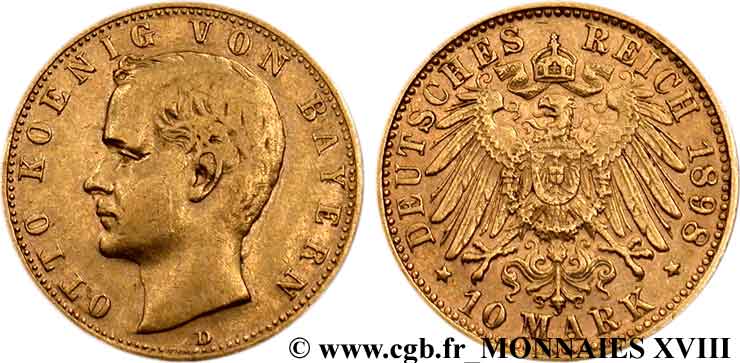 GERMANY - KINGDOM OF BAVARIA - OTTO 10 marks or, 2e type 1898 Münich XF 