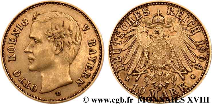 GERMANY - KINGDOM OF BAVARIA - OTTO 10 marks or, 3e type 1904 Münich XF 