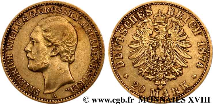 GERMANY - GRAND DUCHY OF MECKLENBURG-STRELITZ - FREDERICK-WILLIAM 20 marks or, 2e type 1874 Berlin XF 