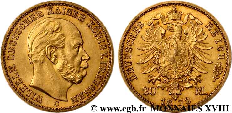 ALLEMAGNE - ROYAUME DE PRUSSE - GUILLAUME Ier 20 marks or, 1er type 1873 Clèves EBC 