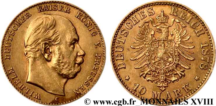 ALLEMAGNE - ROYAUME DE PRUSSE - GUILLAUME Ier 10 marks or, 2e type 1878 Francfort XF 
