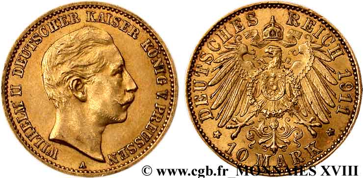 GERMANIA - REGNO DI PRUSSIA - GUGLIELMO II 10 marks or, 2e type 1911 Berlin XF 