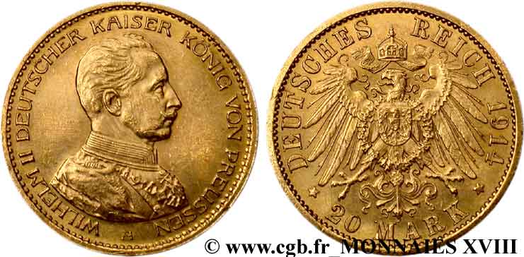 GERMANY - KINGDOM OF PRUSSIA - WILLIAM II 20 marks or, 3e type 1914 Berlin AU 