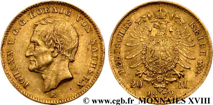 ALLEMAGNE - ROYAUME DE SAXE - JEAN 20 marks or, 1er type 1872 Dresde TTB 