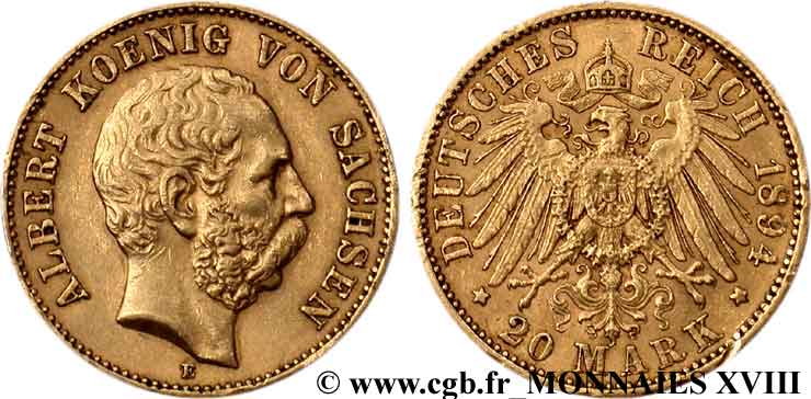 GERMANY - KINDGOM OF SAXONY - ALBERT 20 marks or, 3e type 1894 Muddelhütten XF 