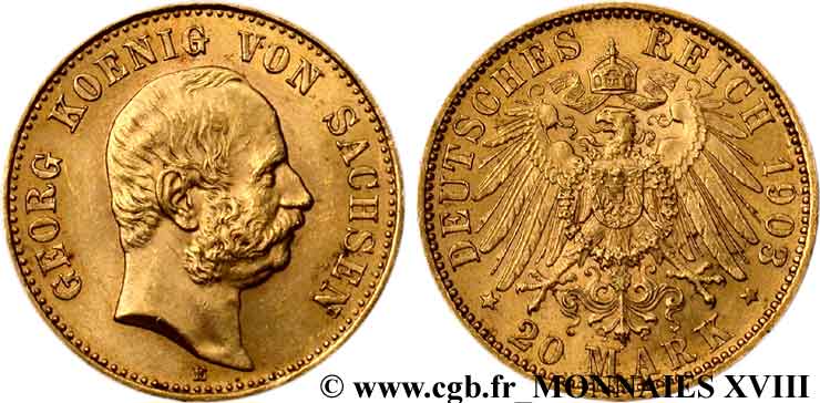 ALLEMAGNE - ROYAUME DE SAXE - GEORGES 20 marks or 1903 Muldenhütten - E XF 