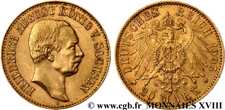 GERMANY - KINGDOM OF SAXONY - FREDERICK-AUGUSTUS III 20 marks or 1905 Dresde XF 