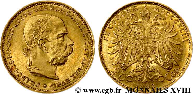 AUTRICHE - FRANÇOIS-JOSEPH Ier 20 Corona en or, 2e type 1893 Vienne EBC 