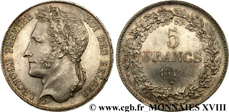 BELGIQUE - ROYAUME DE BELGIQUE - LÉOPOLD Ier 5 francs tête laurée, tranche en relief 1849 Bruxelles AU 