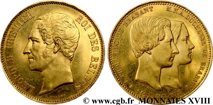 BELGIQUE - ROYAUME DE BELGIQUE - LÉOPOLD Ier Module de 5 francs or, mariage du duc de Brabant 1853 Bruxelles VZ 