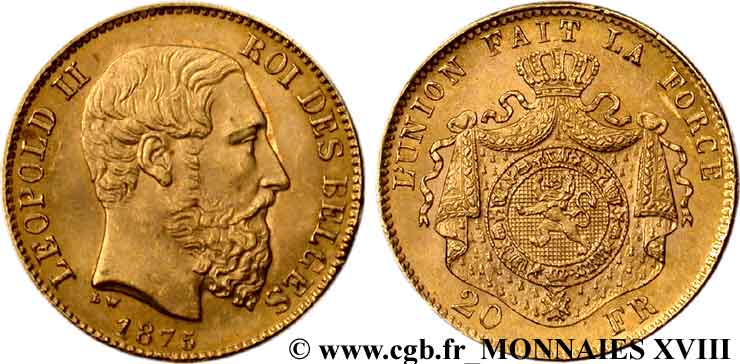 BELGIQUE - ROYAUME DE BELGIQUE - LÉOPOLD II 20 francs or, tranche inversée 1875 Bruxelles AU 