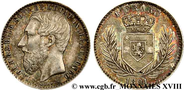 CONGO - CONGO FREE STATE - LEOPOLD II 1 franc 1891 Bruxelles XF 