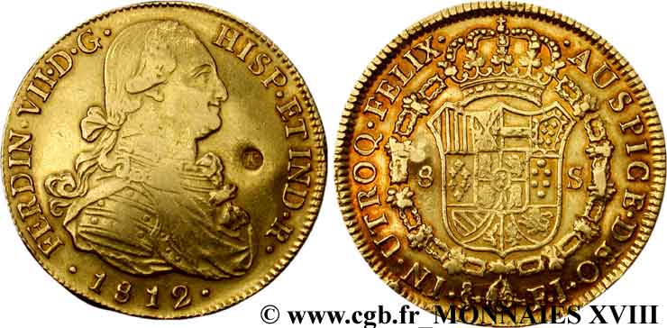 CHILI - FERDINAND VII 8 escudos en or, contremarqué ZC 1812 S°, Santiago SS 