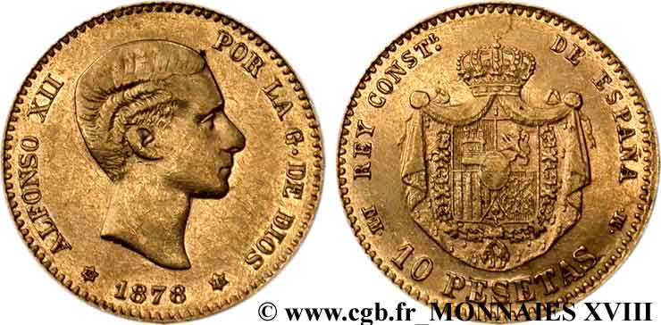 SPAIN - KINGDOM OF SPAIN - ALFONSO XII 10 pesetas or 1878 Madrid, étoile à six pointes XF 