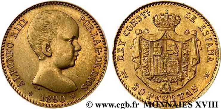 SPAIN - KINGDOM OF SPAIN - ALFONSO XIII 20 pesetas 1890 Madrid XF 