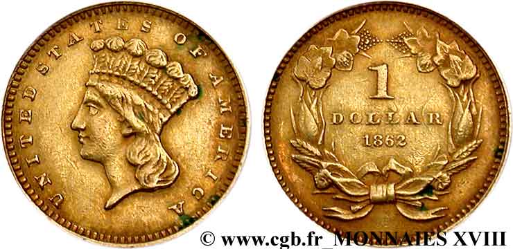 UNITED STATES OF AMERICA 1 dollar or  Indian head  2e type à la tête large 1862 Philadelphie MBC 