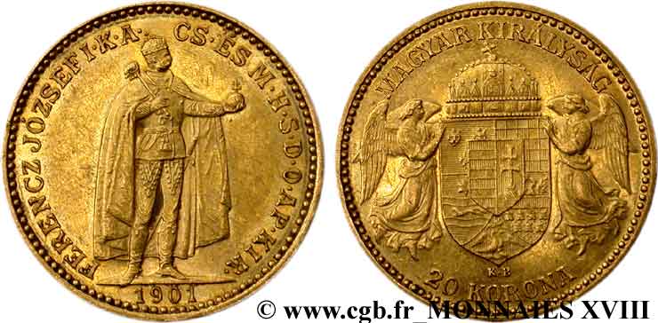 HUNGARY - KINGDOM OF HUNGARY - FRANCIS-JOSEPH I 20 korona en or 1901 Kremnitz XF 
