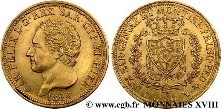 ITALY - KINGDOM OF SARDINIA - CHARLES-FELIX 80 lires en or 1826 Turin XF 