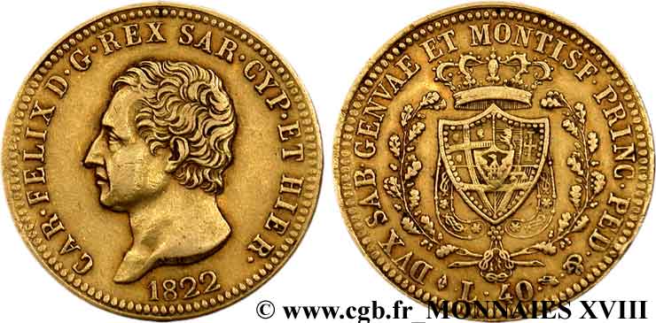 ITALIA - REGNO DE SARDINIA - CARLO FELICE 40 lires en or 1822 Turin XF 