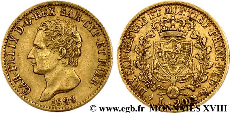 ITALIEN - KÖNIGREICH SARDINIEN -  KARL FELIX 20 lires or 1828 Turin SS 