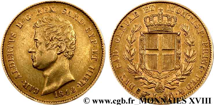 ITALIE - ROYAUME DE SARDAIGNE - CHARLES-ALBERT 20 lires or 1842 Turin TTB 