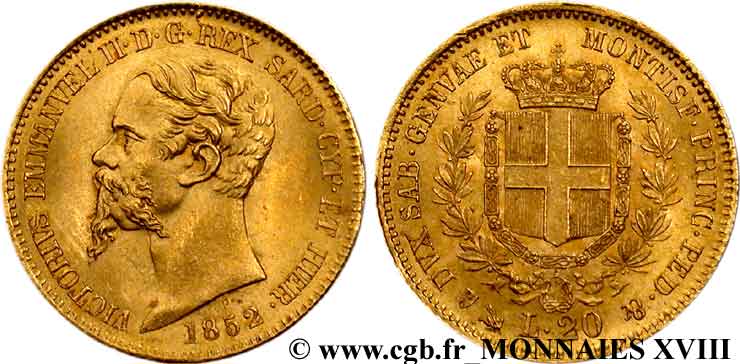ITALIA - REINO DE CERDEÑA - VÍCTOR-MANUEL II 20 lires en or 1852 Gênes EBC 
