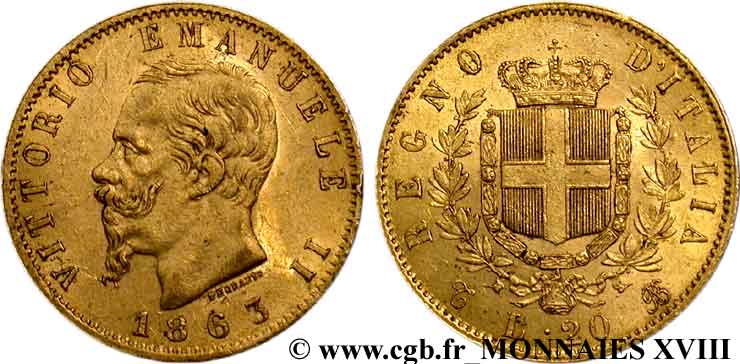 ITALY - KINGDOM OF ITALY - VICTOR-EMMANUEL II 20 lires or 1863 Turin XF 