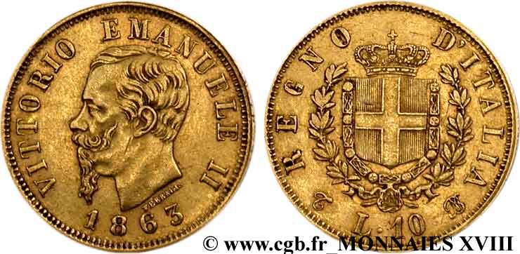 ITALY - KINGDOM OF ITALY - VICTOR-EMMANUEL II 10 lires or 1863 Turin XF 