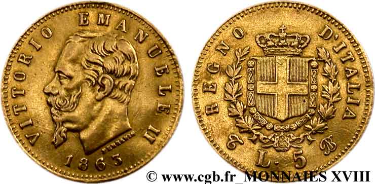 ITALIE - ROYAUME D ITALIE - VICTOR-EMMANUEL II 5 lires or 1863 Turin TTB 